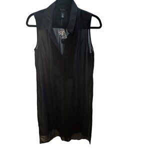 White House Black Market Pleated Bib Sheer Black Tunic Top NWT Sz S